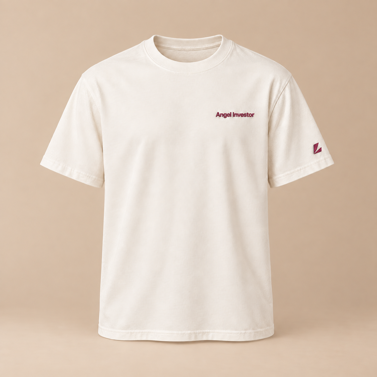 The Angel Investor tee, front view showing embroidered lettering